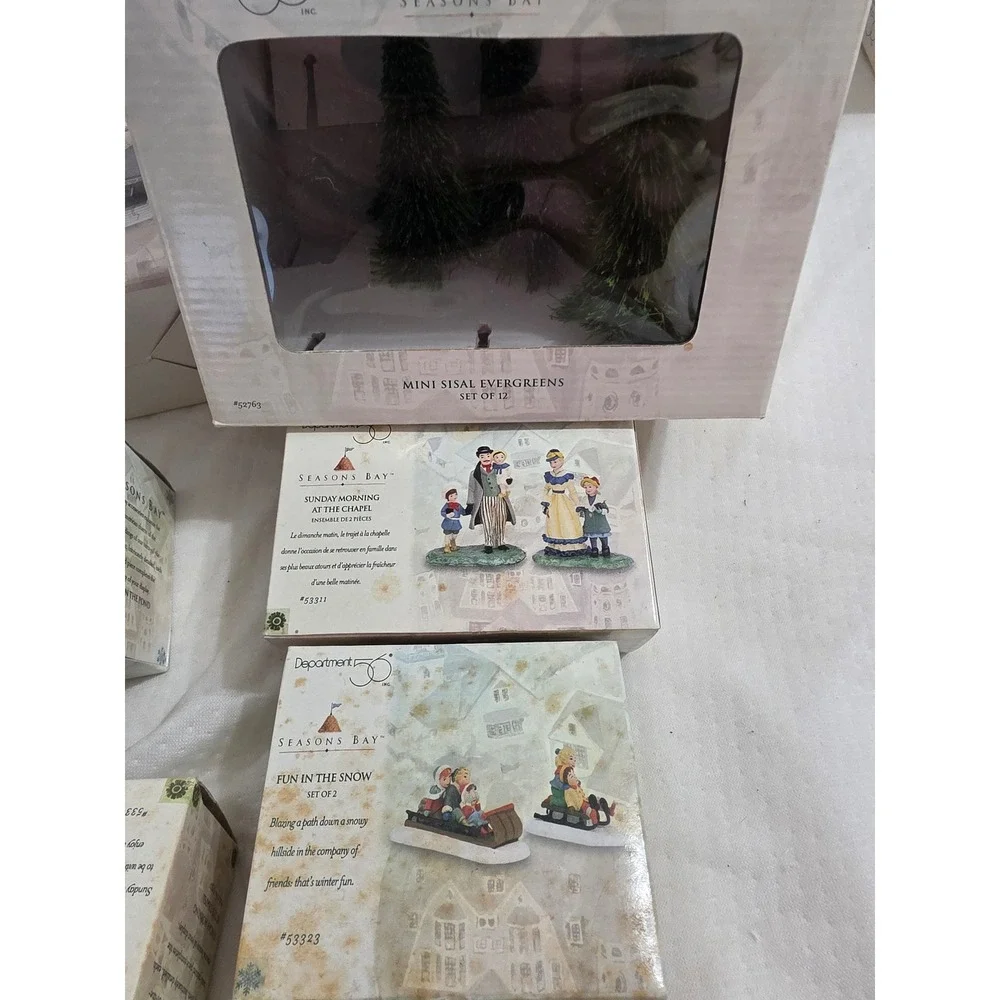 Dept 56 Seasons Bay Village Lot Wedding Skating Sunday Morning Fun Snow Trees ×5